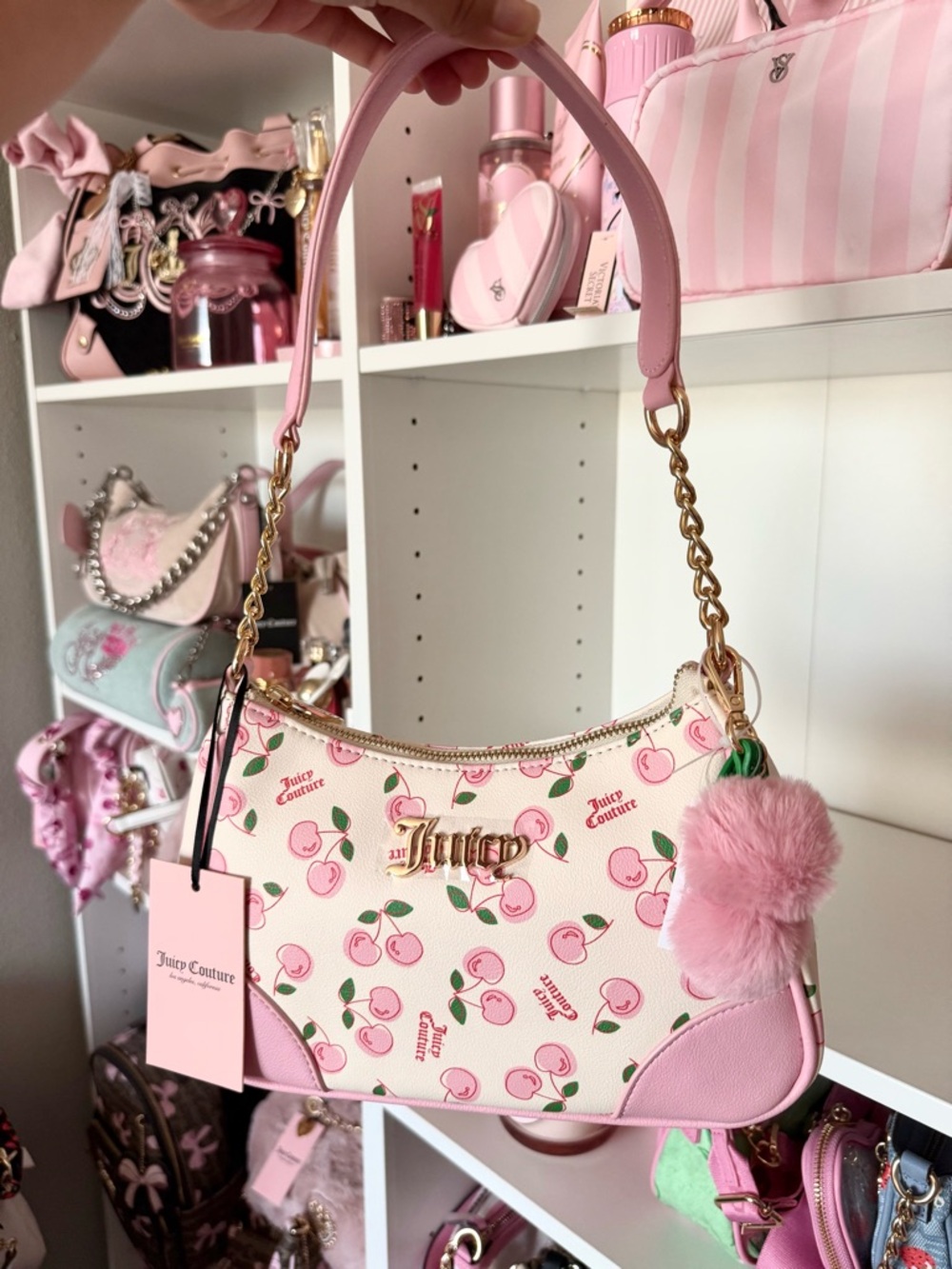 Juicy Couture “Cherry Girl” Pink Cherry Print Shoulder Bag with Pom Pom - Picture 5 of 5